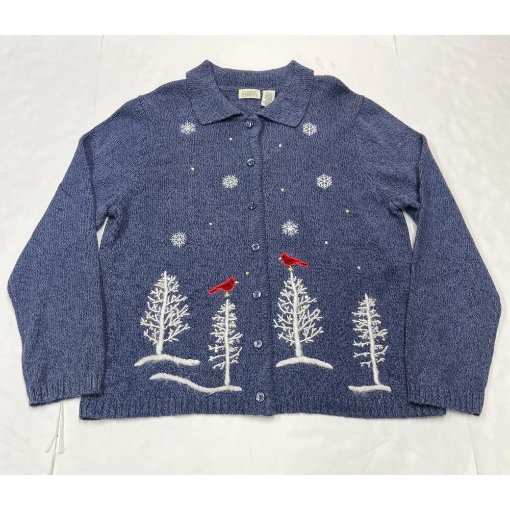 Vintage Classic Elements Christmas Cardigan Sweater Sz Large Blue Snowflake